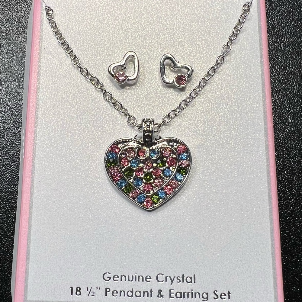 Silver Tone Genuine Crystal Rhinestone Heart 18" Chain Earring Set Valentine NWT